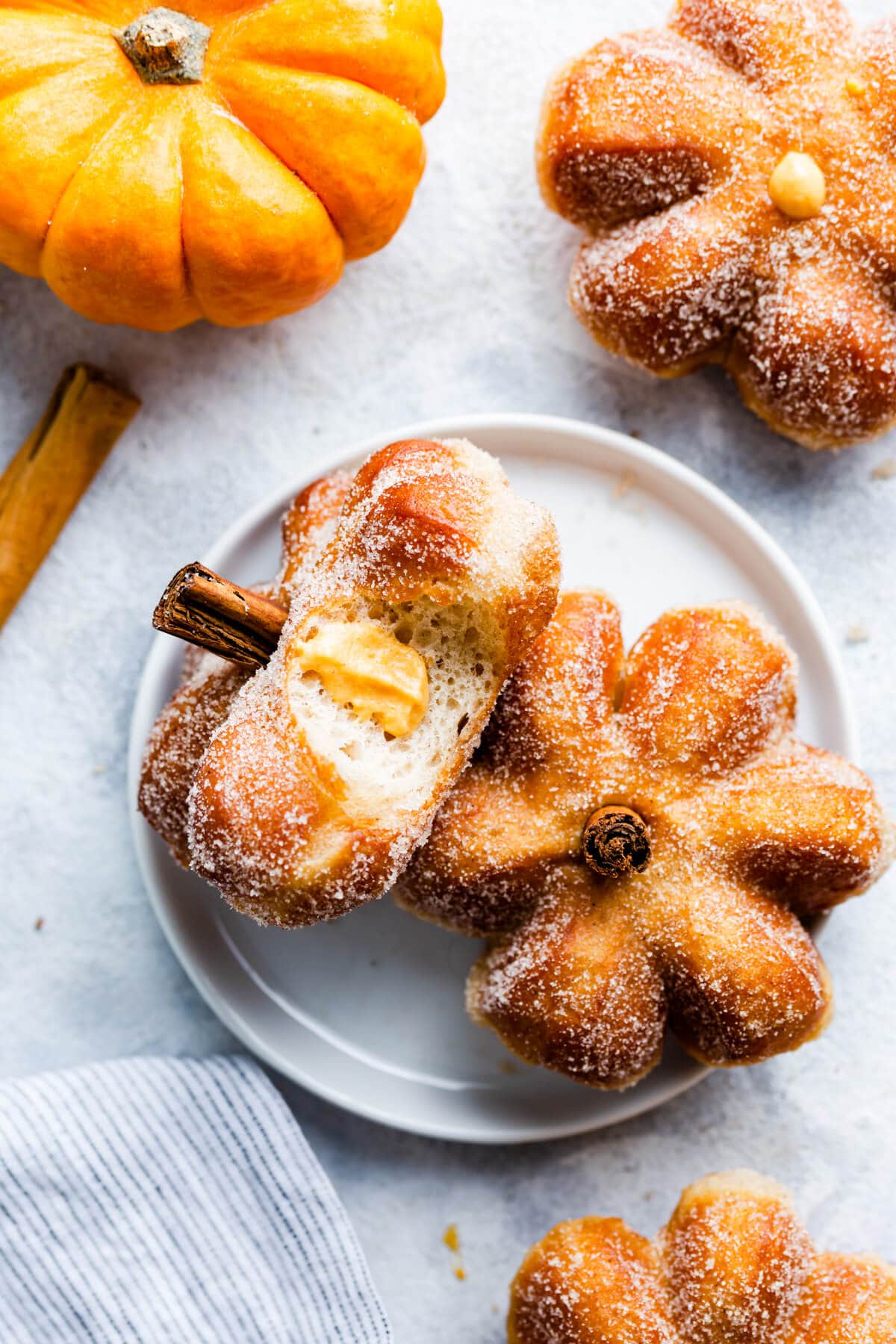 overhead view of two pumpkin doughnuts on a plate with one missing a bite
