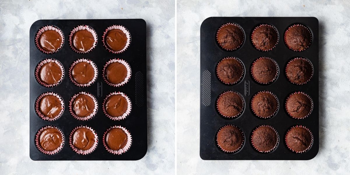 side by side top view of baking tin with cupcakes before and after baking