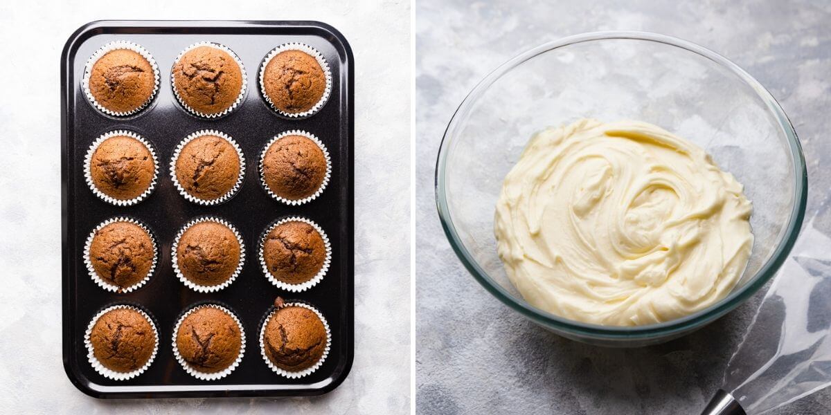 side by side photos of cupcakes in baking tin and a bowl with frosting