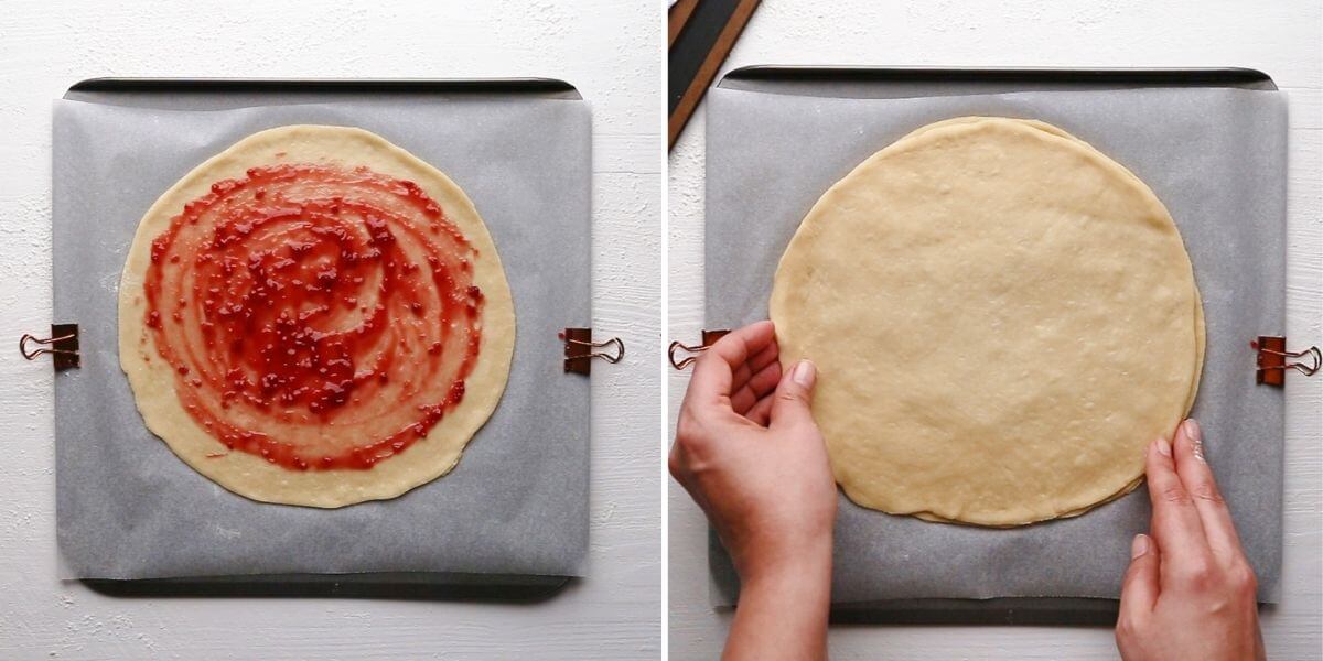 side by side overhead view photos of dough circles being layered
