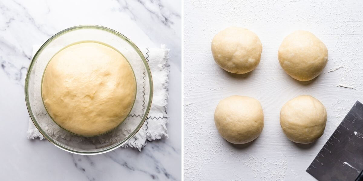 top view side by side photos showing proved dough in a bowl and divided to four pieces