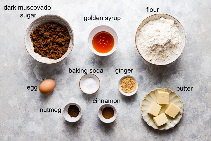 overhead view of the ingredients for soft gingerbread cookies with labels