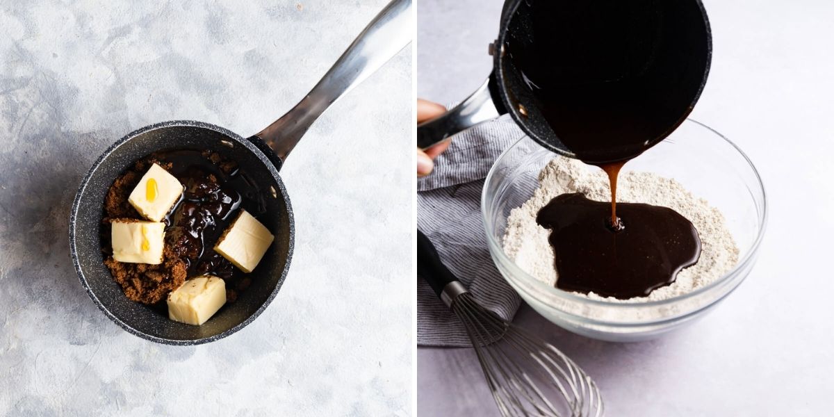 overhead photo of a saucepan with ingredients for gingerbread and side photo of melted ingredients being added to dry ingredients
