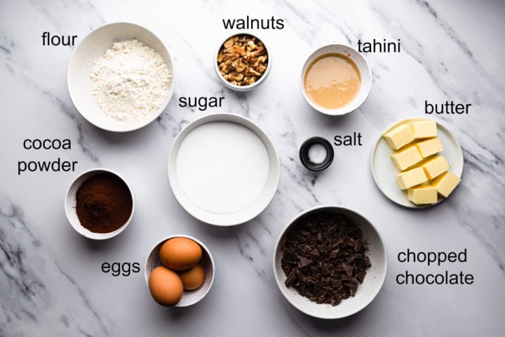top view of the ingredients for tahini brownies with labels