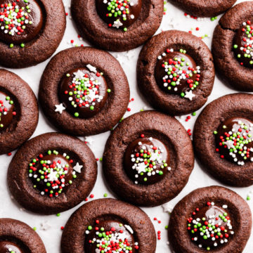 top view super close up at chocolate thumbprint cookies