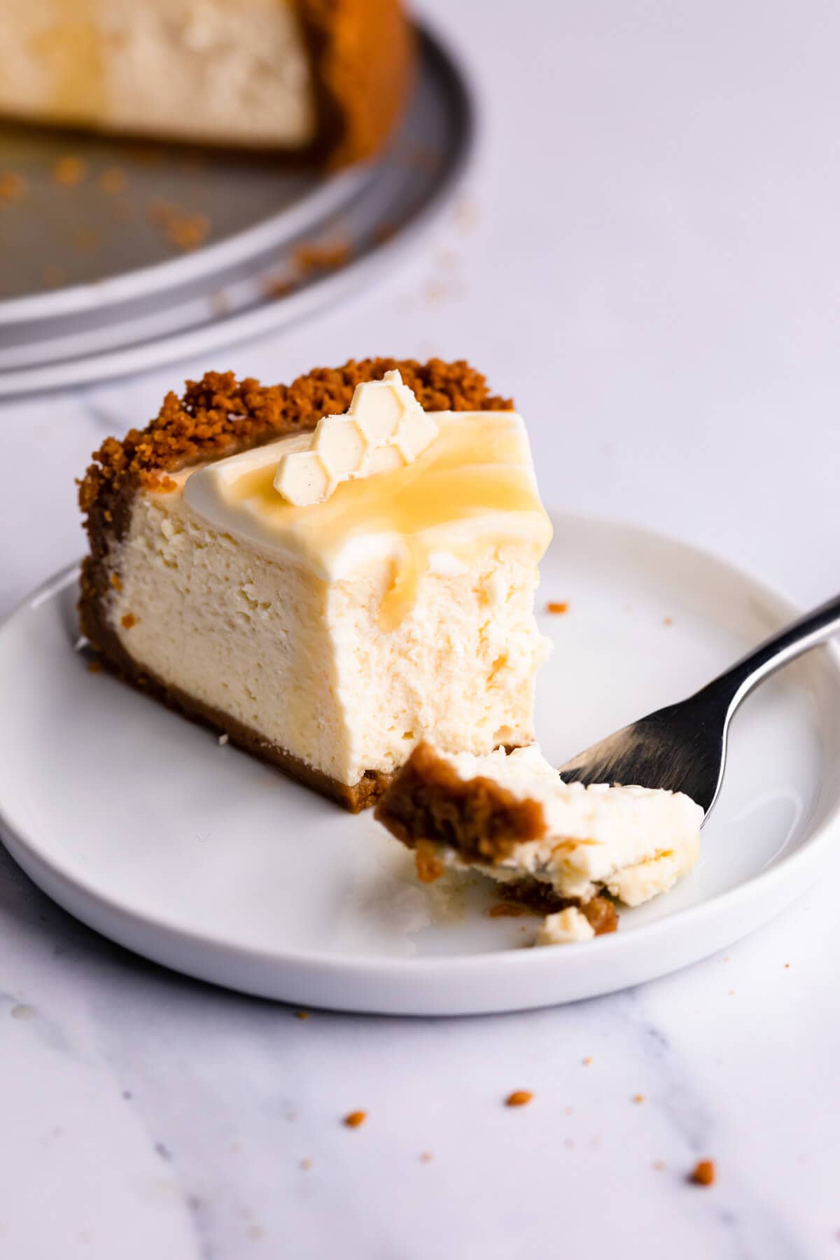 close up at a slice of cheesecake on a plate with bite missing