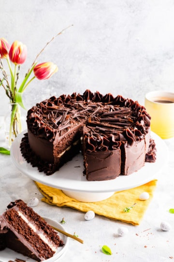 close up of a one bowl chocolate cake with slice cut out