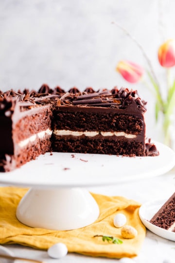 super close up at a chocolate cake with cream filling
