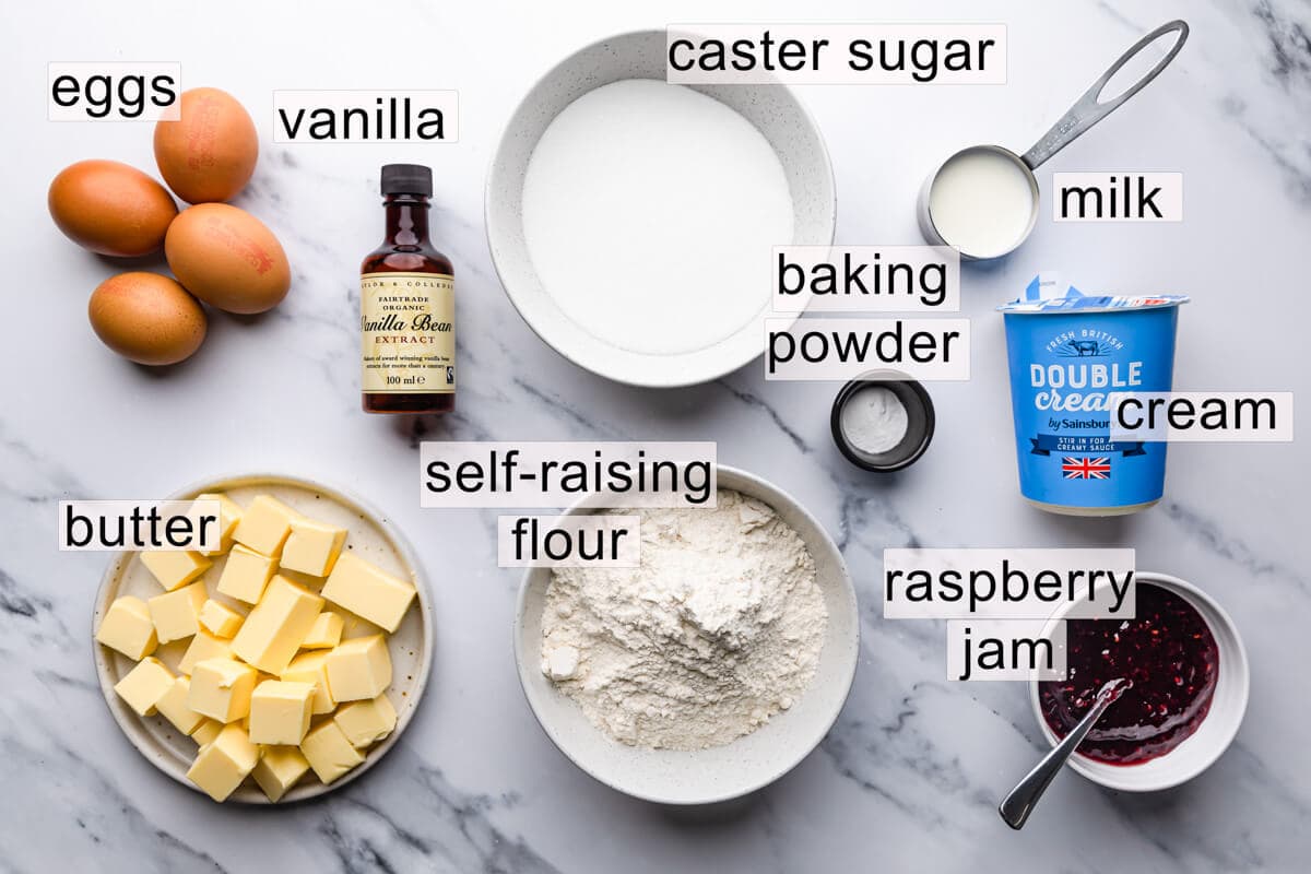 top view at ingredients for Victoria sponge cake with text labels