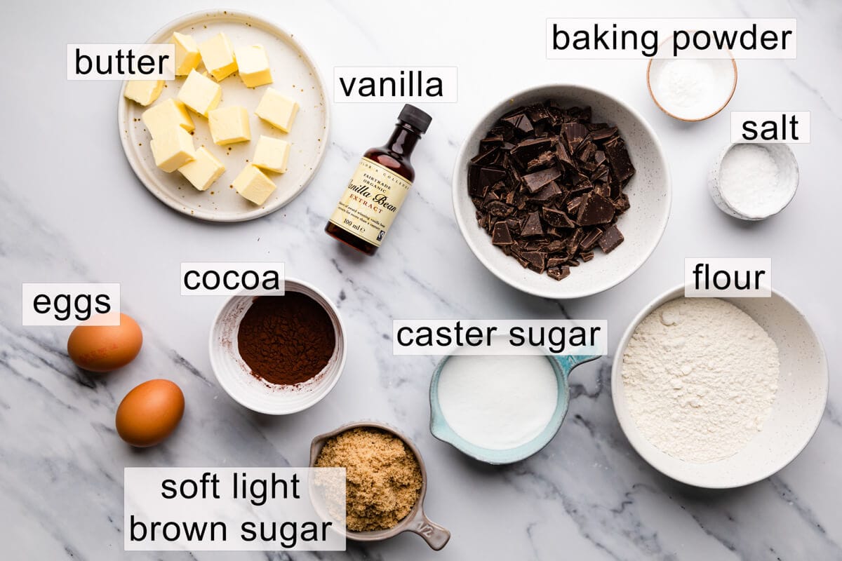 top view of the ingredients for brownie cookies with text labels