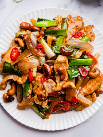 Overhead of the Thai Cashew Chicken with rice on a plate