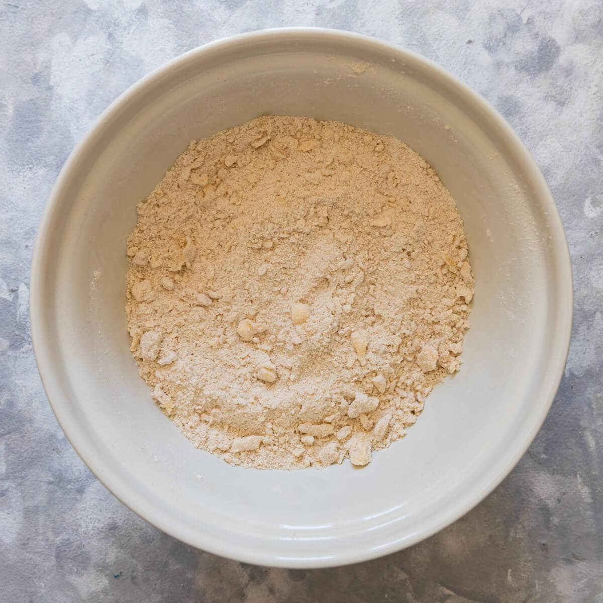 top down view of a crumble made with rubbing the butter into flour
