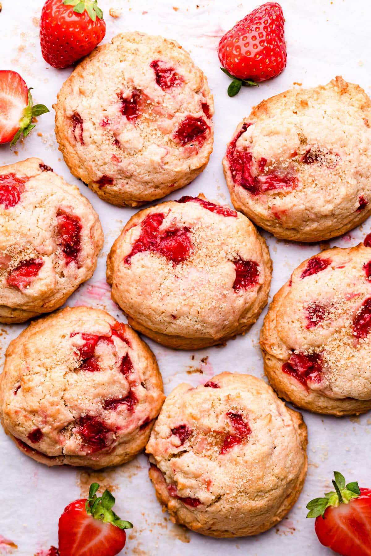 overhead view of shortcake cookies with strawberries