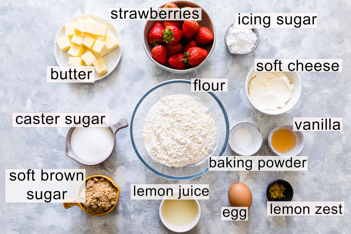 overhead view of the ingredients to make strawberry shortcake cookies with text labels