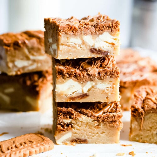 straight ahead close up at a stack of 3 biscoff blondies.