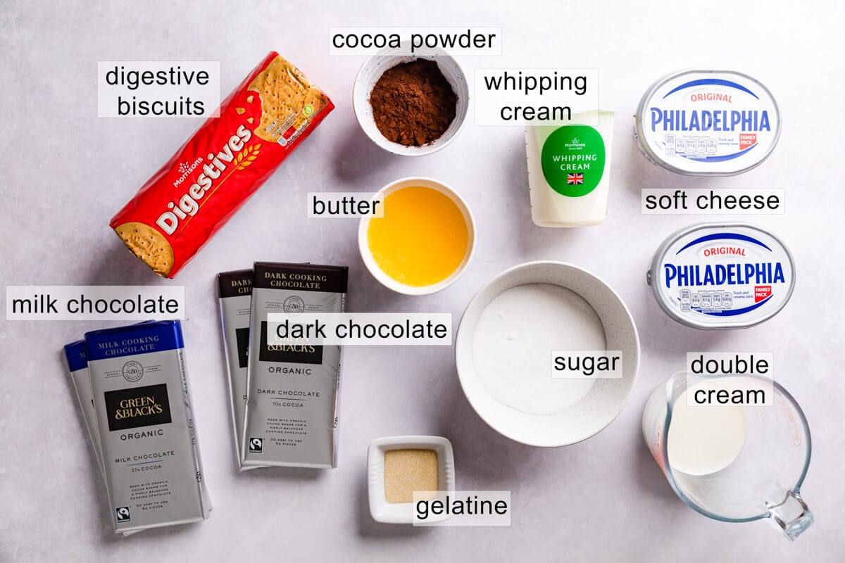 ingredients for making triple chocolate cheesecake with text labels.