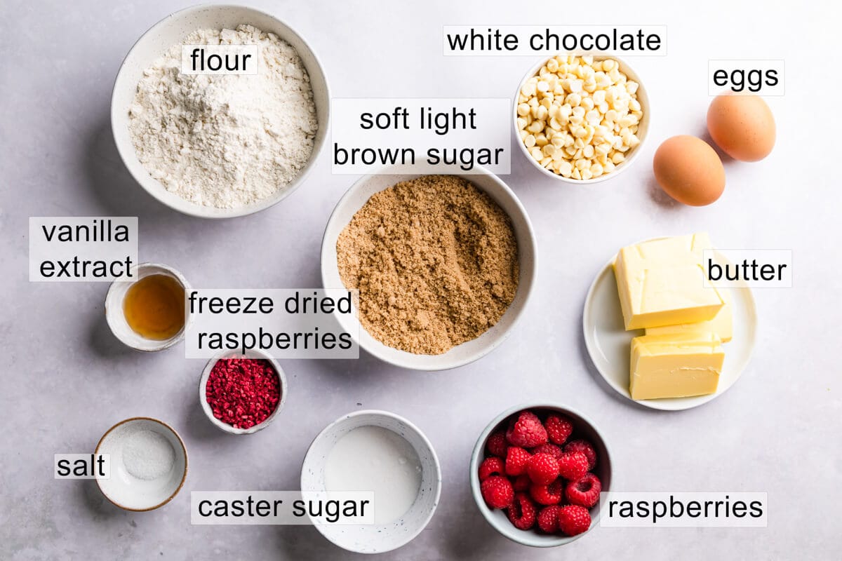ingredients for white chocolate and raspberry blondies with text labels