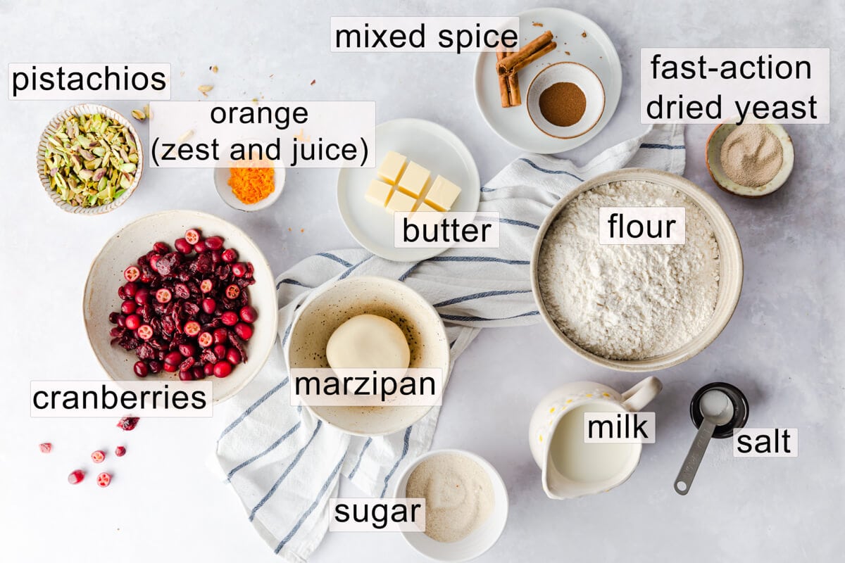 ingredients to make Chelsea buns with text labels.