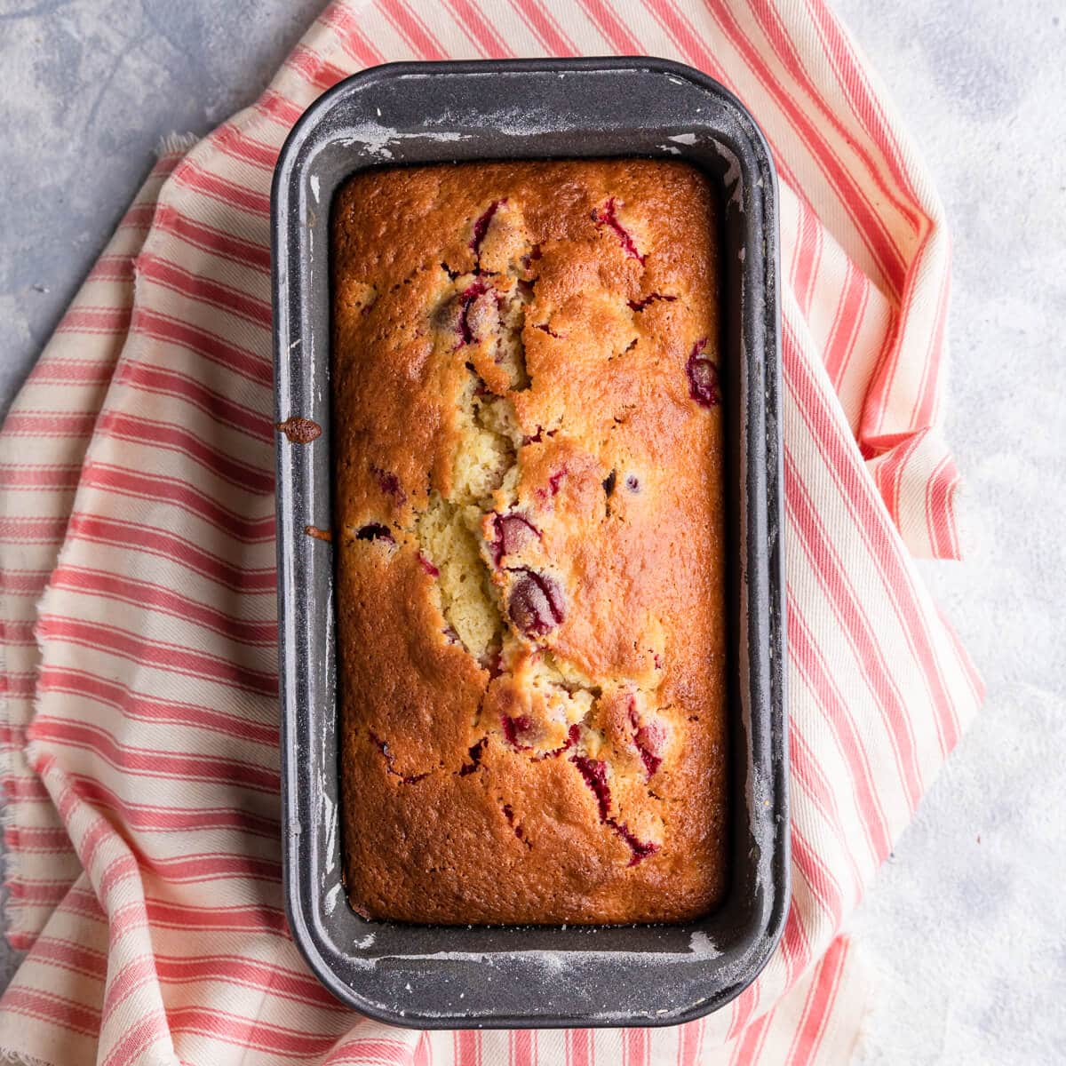 freshly baked orange and cranberry loaf in a baking tin.