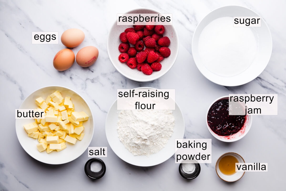 ingredients for raspberry chocolate cupcakes with text overlay.