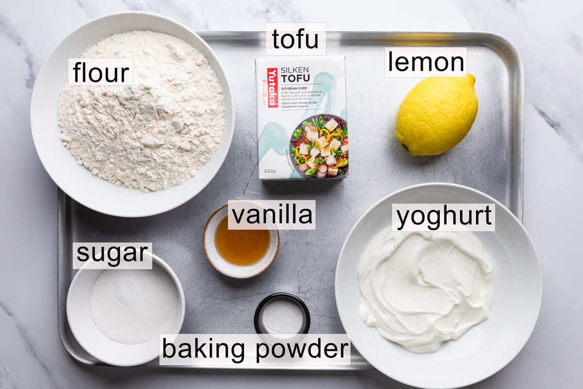 ingredients for tofu doughnuts with text labels.