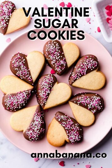 valentine sugar cookies with pink sprinkles and chocolate and with text overlay.