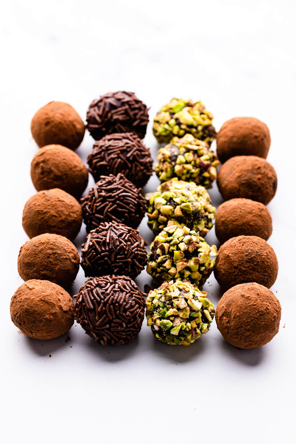 chocolate truffles arranged in rows of five.