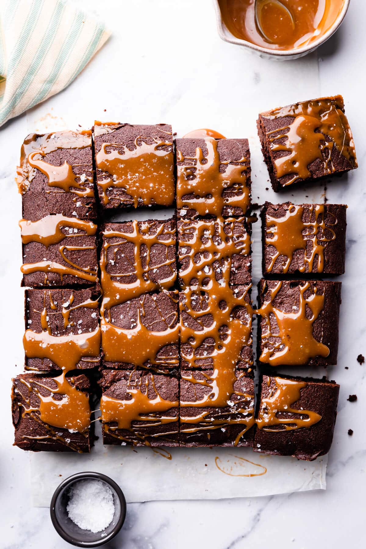 chocolate stout brownie cut into 16 squares and drizzled with caramel.