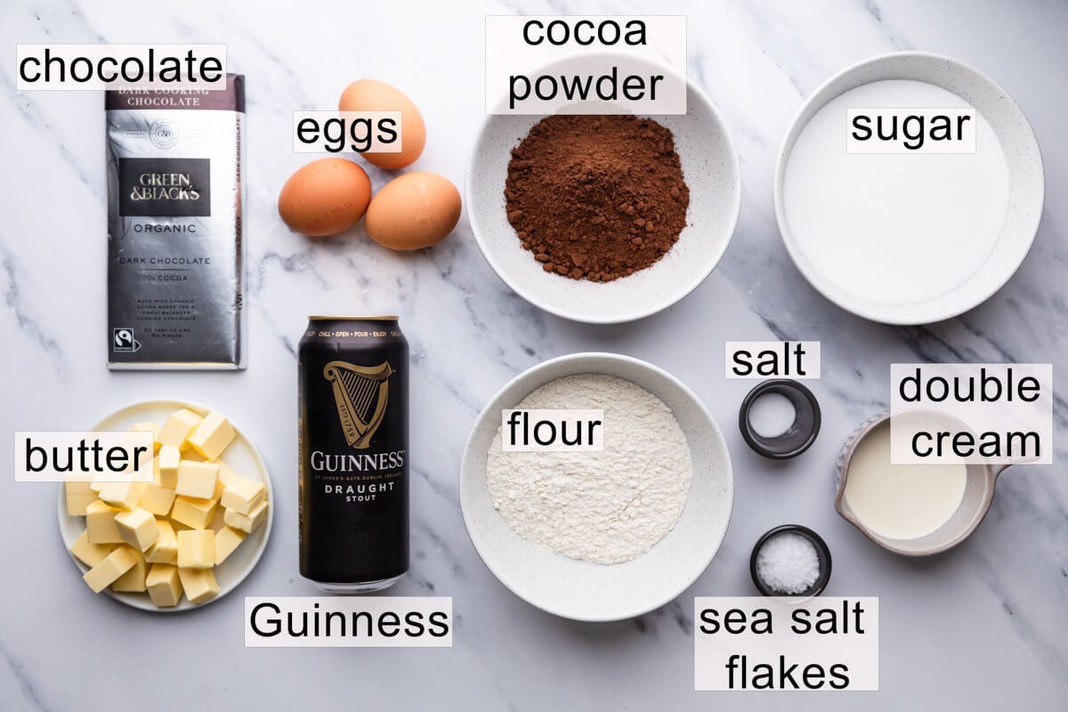ingredients for Guinness brownies with text labels.