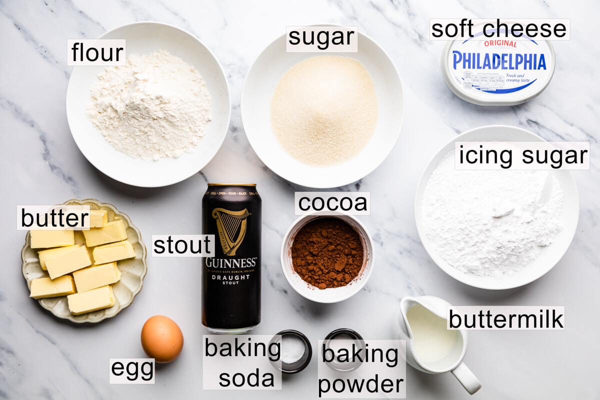 ingredients for guinness cake with text labels.