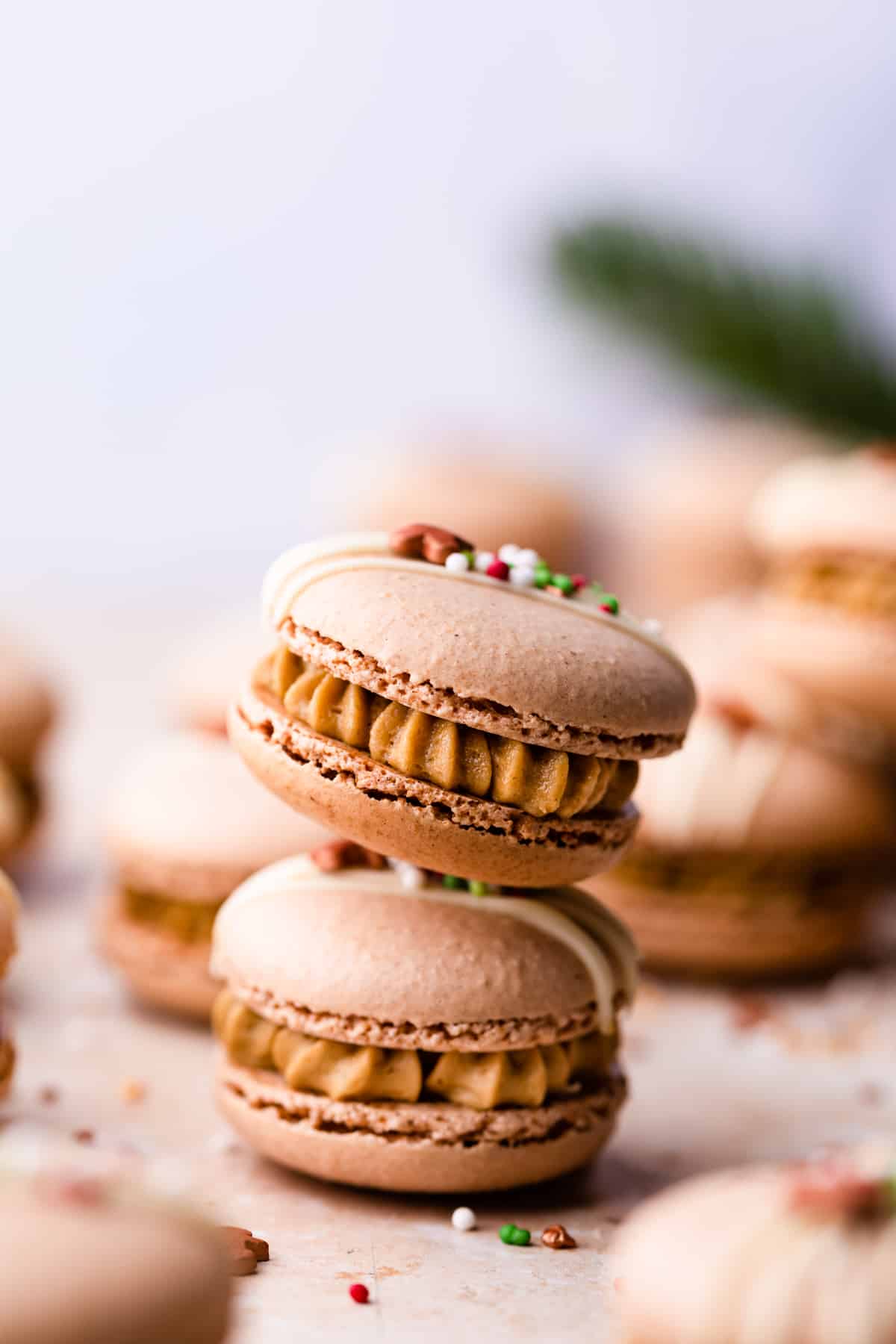 stack of two gingerbread macarons with buttercream.