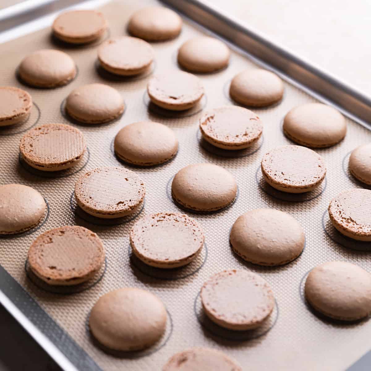 baked gingerbread macarons on a metal tray with half of them turned upside down.
