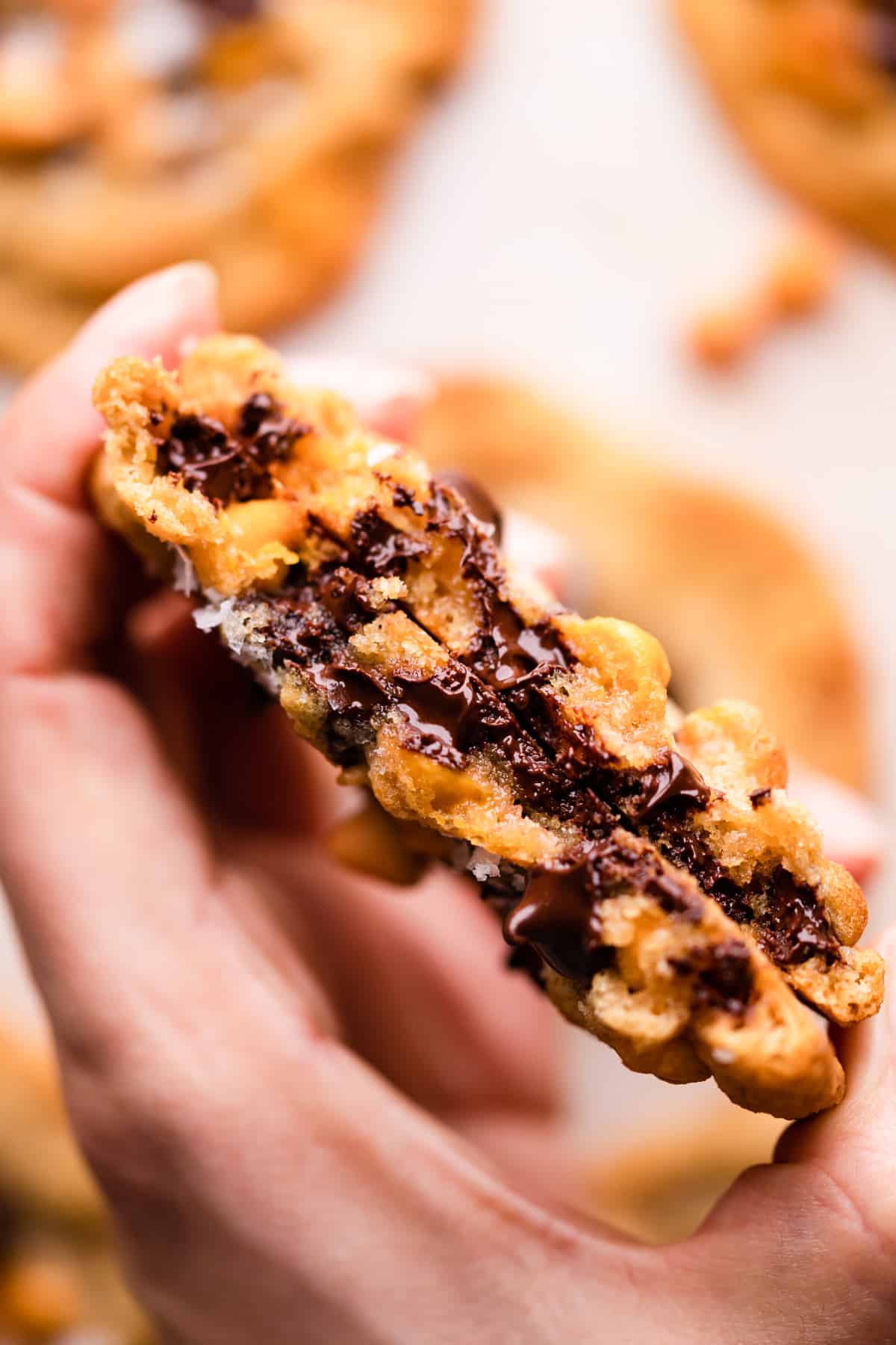 hand holding butterscotch choc chip cookie split in half showing melted baking chips inside.
