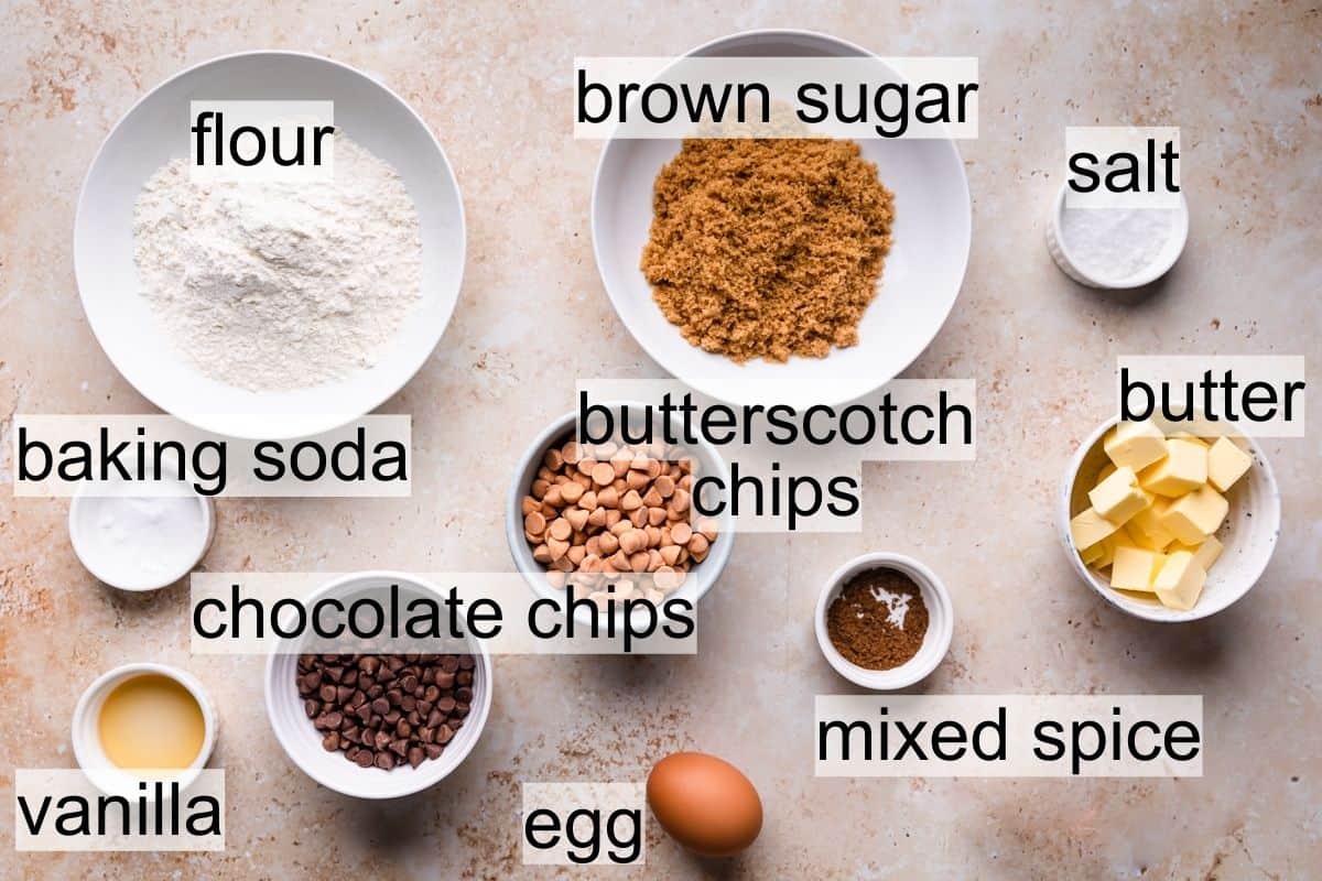 bowls with ingredients to make butterscotch chocolate chip cookies with text overlay.