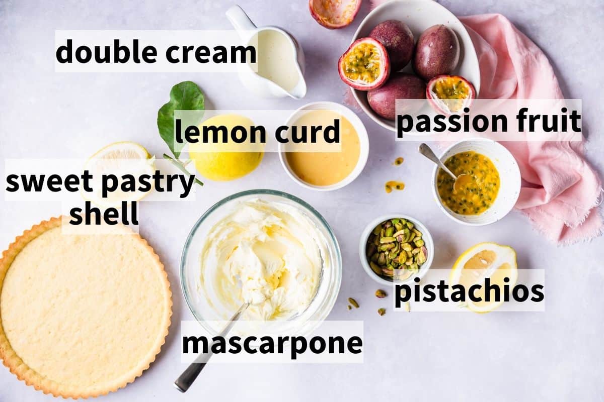 ingredients for lemon mascarpone tart with text labels.